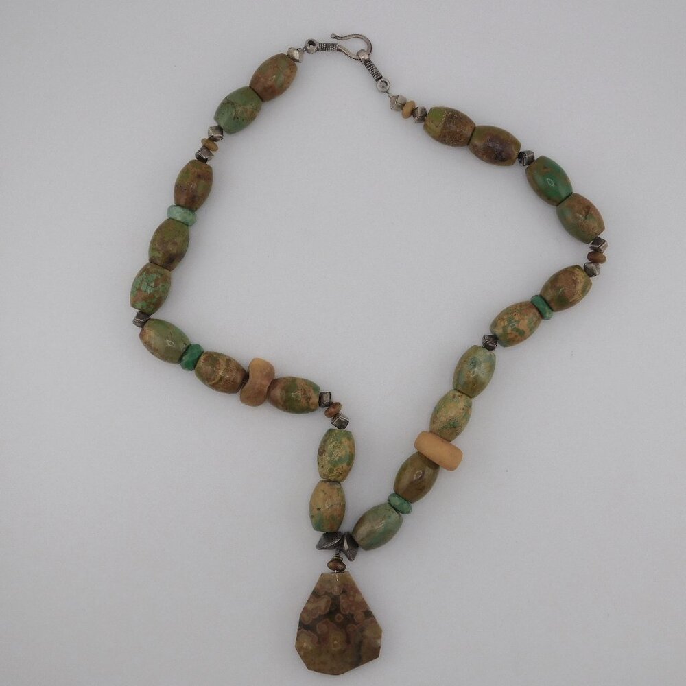 Earthy Green and Brown Beaded Necklace with Stone-Like Pendant – 23" Long